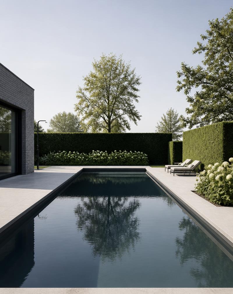 Minimalistisch polypropyleen zwembad in een moderne Nederlandse tuin